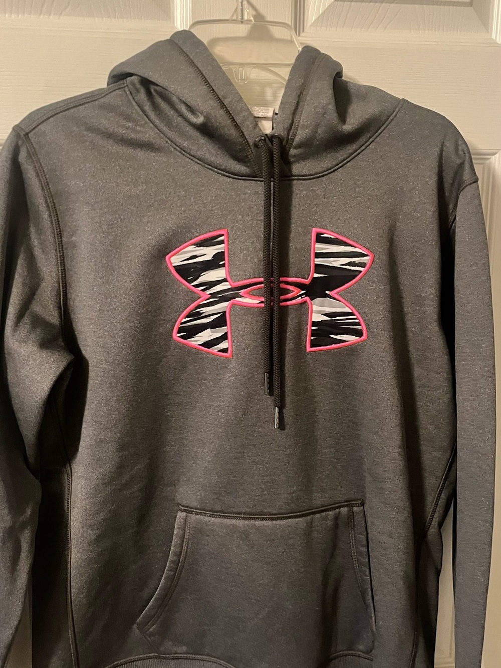 Under Armour Dark Gray Hoodie with Pink-Edged Zebra Logo